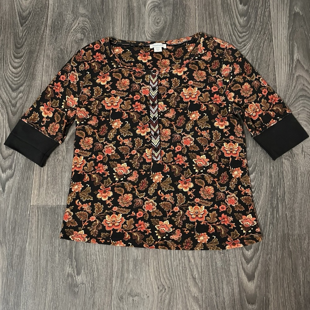 Sundance Floral Waffle Knit Henley 3/4 Sleeve Embroidered Placket Sz XS Petite